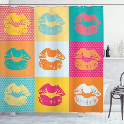 ABAKUHAUS Douchegordijn – Moderne Liefde Ontwerp – 175x220 cm – Polyester Roze/Teal/Oranje