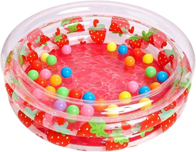 Opblaasbaar Transparant Kinderzwembad met Aardbeienprint en Glitter, 3 Luchtringen Compact PVC Speelbad voor Binnen en Buiten Zand- en Waterspel