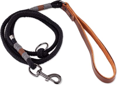 Brute Strength - Hondenriem - 140cm - Zwart/Cognac/Grijs - Handgemaakt - Luxe handvat van leer - 100% volnerfleer - hondenriem leer - Leiband hond - Lederen honden riem - Stevige leren hondenriem - Hondenleiband - Hondenlijn leer