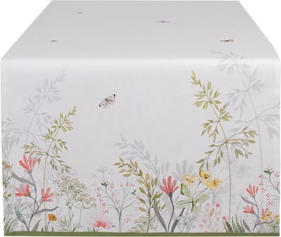 Clayre & Eef Tafelloper 50x140 cm Wit Katoen Bloemen