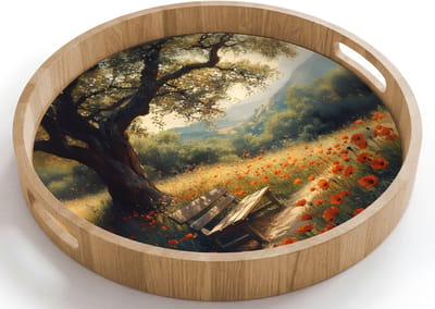 Dienblad rond 40x40 cm - Schootdienblad hout - Bankje - Boom - Klaprozen - Heuvels - Borrelplank rechthoek - Plateau houten dienbladen