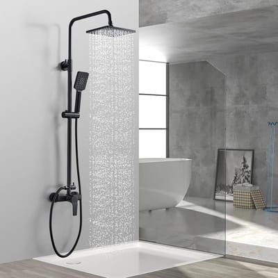 Goodivery ® Complete Zwarte Douche Set met Mengkraan, Verstelbare Douchekolom, Regendouchekop en Handdouche