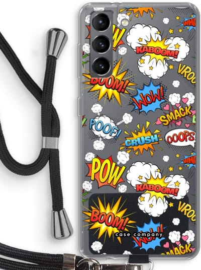 Case Company® - Hoesje met koord geschikt voor Samsung Galaxy S21 hoesje met Koord - Pow Smack - Telefoonhoesje met Zwart Koord - Bescherming aan alle Kanten en Over de Schermrand