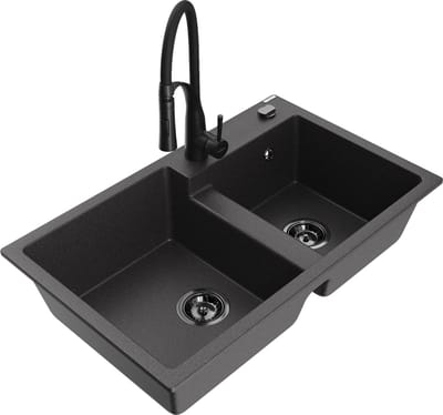 Mexen Tomas granieten spoelbak 2-kamer met keukenmengkraan Aster, zwart gespikkeld - 6516-76-73450-70-B