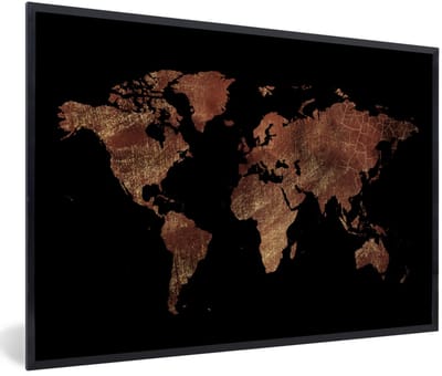 Poster in lijst - Fotolijst 90x60 cm - Posters - Wereldkaart - Rood - Goud - Posterlijst zwart - Decoratie - Wanddecoratie woonkamer - Muurdecoratie slaapkamer