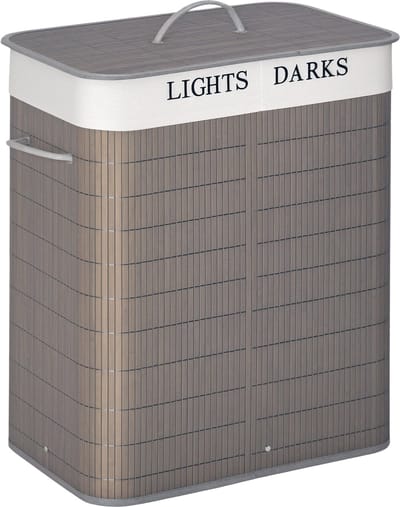 HOMCOM-Wäschekorb-Bambus, Metall-52L x 32B x 63H cm-Grau+Weiß