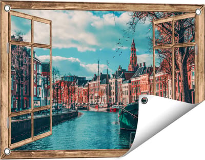 Gards Tuinposter Doorkijk Gracht in Groningen - 60x40 cm - Tuindoek - Tuindecoratie - Wanddecoratie buiten - Tuinschilderij