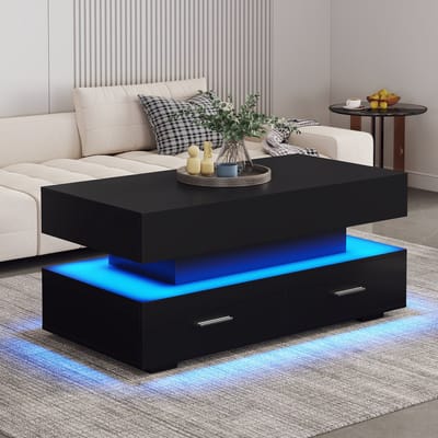 100x50x44 cm hydraulisch verstelbare salontafel met LED-verlichting - Bluetooth-app bediening - 2 laden en open opbergruimte - zwart