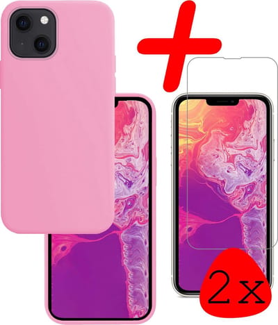 Hoesje Met 2x Screenprotector - Geschikt voor Apple iPhone 13 Mini - Sterk & Shockproof - Back Cover - Siliconen Case - Telefoon Hoes - Lichtroze