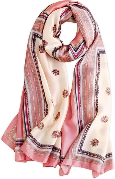 Zijde Sjaal voor Dames met Bloemenprint en Geometrisch Patroon - Lichtgewicht en Zacht, Ideaal als Zomeraccessoire en Cadeau voor Elke Gelegenheid, Beige
