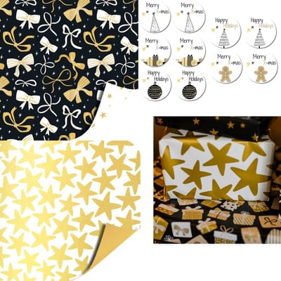 Kerst Cadeaupapier Dubbelzijdig – Zwart Strikjes & Wit Goud Sterren – 2 Rollen 70x200 cm + 10 Luxe Kerststickers | Inpakpapier