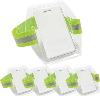 5 stuks groente ID-badgehouder voor op de arm waterdichte, badgehouder voor op de arm, armband, ID-kaart, polsbandje, hoge zichtbaarheid, PVC-identiteitsclip met reflecterende streep, verstelbare band voor skipas - Cyslmuk®