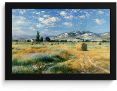 Poster in lijst - Fotolijst 30x20 cm - Posters - Landschap - Strobalen - Bergen - Wolken - Posterlijst zwart - Decoratie - Wanddecoratie woonkamer - Muurdecoratie slaapkamer