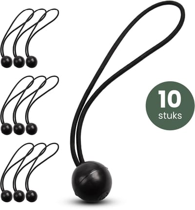 STACK® Spanelastiek met Bal - 10 Stuks - Zeilspanner & Spanelastiek - Ideaal voor Afdek Zeil, Spandoek, Aanhanger & Tent - Spanrubbers Set - Bungee Ball Koord - Spanner Elastiek Rekbaar tot 30 cm - Spanrekkers - Zwart