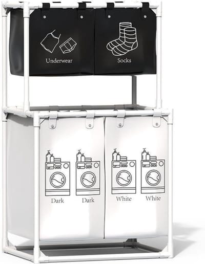 Wassorteerder 4 Vakken - Wasmand - 150L - Wit met Zwart