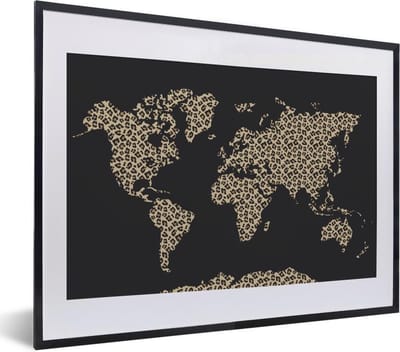 Poster in lijst - Fotolijst 40x30 cm - Posters - Wereldkaart - Dierenprint - Luipaard - Posterlijst zwart - Decoratie - Wanddecoratie woonkamer - Muurdecoratie slaapkamer