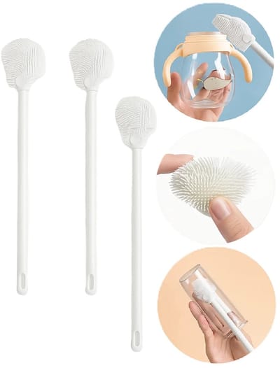 3-delige 360° Siliconen Reinigingsborstel Set – Opvouwbare Beker- & Flessenborstels met Lange Steel | Herbruikbaar & Draagbaar – 29 × 5 cm