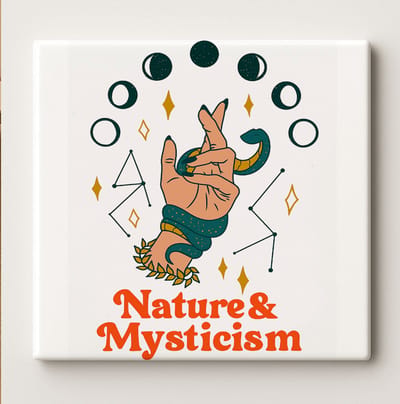 Nature & Mysticism Keramische Kunsttegel 15x15cm – Boheemse Spirituele Decoratie met Maanfasen en Slanghand Ontwerp – Perfect Cadeau voor Huis of Meditatieruimte