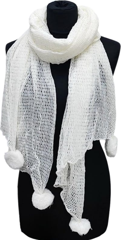 Lange Gebreide Sjaal - Pompon - Ecru/Roomwit - 200 x 65 cm (4637)