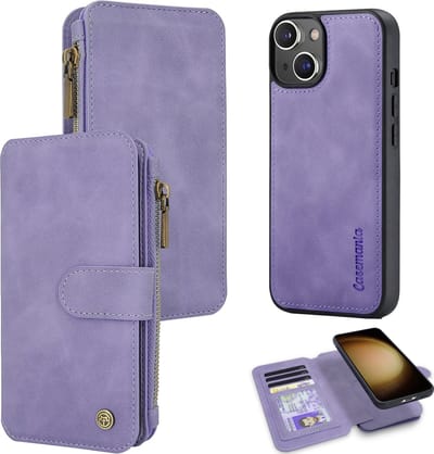 Casemania Hoesje Geschikt voor Apple iPhone 15 - Bright Lila - 2 in 1 Magnetic Book Case met Rits