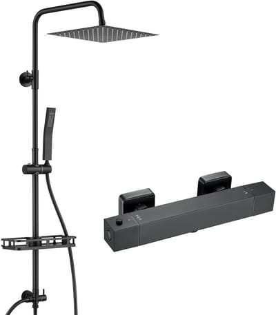 Auralum Max Doucheset - Regendouche met Thermostaatkraan - Ø 25 cm Douchekop - Inclusief Plankje - Regendoucheset - Verstelbare Hoogte 72-110 cm - Waterbesparend - Zwart