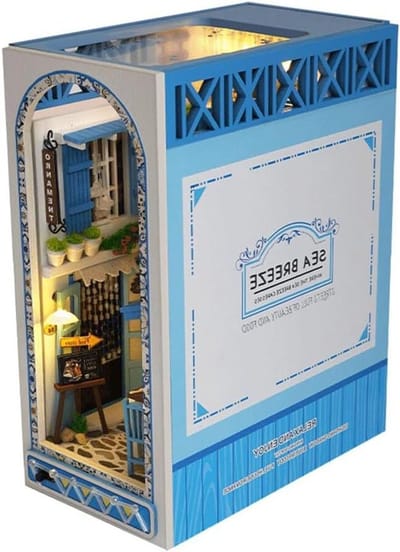 Boekenhoek DIY Kit - Miniatuurhuis Poppenhuis - Boekenplank Decoratie - Met LED Verlichting - Medium Rechthoekig - Zeewind