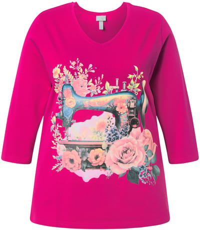 Ulla Popken - Dames - Shirt naaimachine Classic V-hals 3/4-mouwen - Donkermauve - Maat 50+