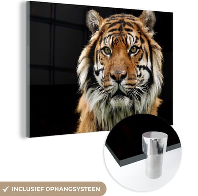 MuchoWow® Glasschilderij 60x40 cm - Schilderij acrylglas - Tijger - Zwart - Portret - Foto op glas - Schilderijen