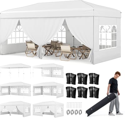 COSTWAY-partytent 3x6 m, pop-up vouwtent met metalen frame, 6 zijwanden, 6 zandzakken, windlijnen en grondpennen, partytent met draagtas op wieltjes voor op het strand, bruiloften en kamperen (wit)
