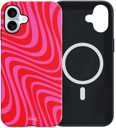 xoxo Wildhearts Berry Much - Double Layer - Hoesje geschikt voor iPhone 17 MagSafe case - Siliconen hoesje met golvenprint - Golven - Magnetisch telefoonhoesje - Magneet case - Optimale bescherming - Dubbele beschermlaag - Rood - Roze