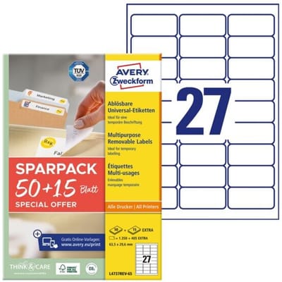 Avery-Zweckform L4737REV-65 Universele etiketten 63.5 x 29.6 mm Papier Wit 65 vellen Weer verwijderbaar Inkjet, Laser (zwart/wit), Laser (kleur),