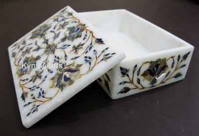Marmeren Sieradenkistje - Antiek Ontwerp Doos - Sieraden Opbergen - Handgemaakt Inlegwerk - 6 x 4 Inch - Wit