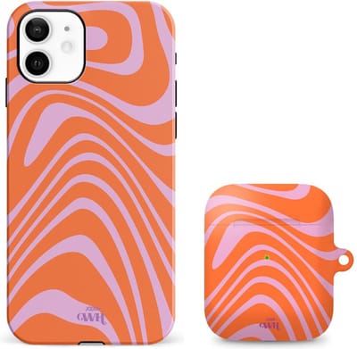 xoxo Wildhearts telefoonhoesje geschikt voor iPhone 12 met AirPods 1 en 2 hoesje - set - Boogie Wonderland Orange - Double Layer - Telefoonhoesje met dubbele beschermlaag - Hoesje met golvend patroon - Golven - Oranje met Paars