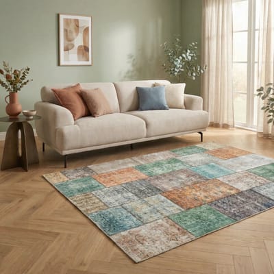 Flycarpets Burano Vintage Patchwork Vloerkleed - Multi - Groen - Oranje - Laagpolig Tapijt Woonkamer - 120x170 cm