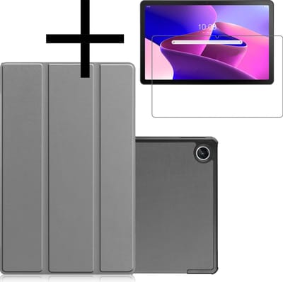 Hoes - Geschikt voor Lenovo Tab M10 Plus (3e / 3rd Generatie) - Met Screenprotector - Trifold Bookcase - Hard Cover - Hardcover Book Case - Tablet Hoesje - Grijs