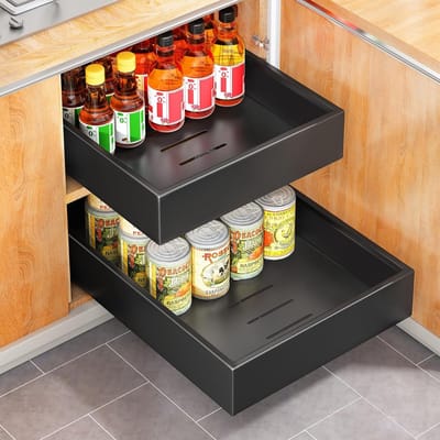 SnelShoppen - Telescopische lade-opbergrekken voor keuken, uittrekbare lade zonder boren of spijkers, 43 diepte x 25 breedte x 9 cm, ideaal voor keuke