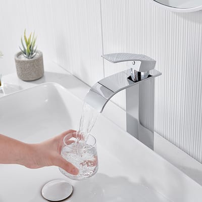 AURALUM Max Badkamerkraan - Wastafelkraan - Mengkraan - Toiletkraan - Hoge Uitloop Watervalkraan - Cascade Messing - Waterbesparend - Chroom