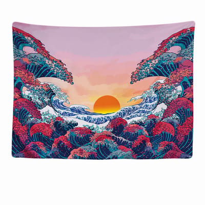 Ulticool - Natuur Golven Zon Zee - Wandkleed - 200x150 cm - Groot wandtapijt - Poster - Roze