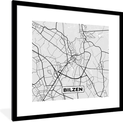 Fotolijst incl. Poster Zwart Wit- Plattegrond – Bilzen – Zwart Wit – Stadskaart - Kaart - 40x40 cm - Posterlijst