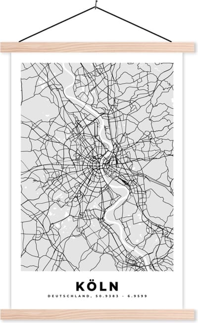 Posterhanger incl. Poster 40x60 cm - Schoolplaat - Stadskaart - Duitsland - Plattegrond - Köln - Kaart - Textielposter - Blanke latten - Stadskaart
