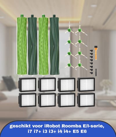 Reserveonderdelen geschikt voor iRobot Roomba E/I-serie, i7 i7+ i3 i3+ i4 i4+ E5 E6, borstelaccessoires geschikt voor iRobot Roomba, 2 sets rubberen borstels,8 hoogwaardige filters, 8 zijborstels