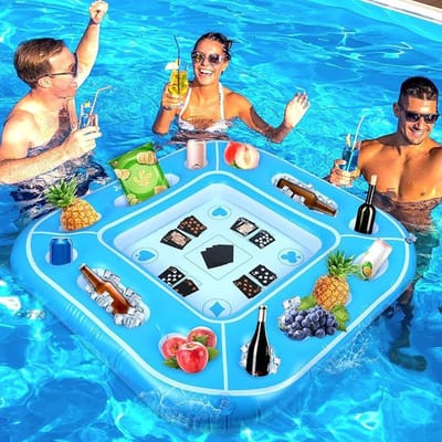 Opblaasbare PVC watertafel - inclusief drijvende mat en accessoires - opblaasbaar rek voor eten en drinken - geschikt voor stranden, zomerfeesten, binnen- en buitenzwembaden (speelkaarten niet inbegrepen)