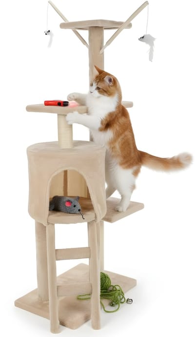 Lomera Kattenkrabtoren Beige - Krabpaal voor Katten - Kattenmeubel - Kattenhuis - Kattenspeelgoed - Kattentoren - Kattenboom - Houten Constructie - Polyester Bekleding - Krabtoren voor Katten - Speelgoedmuizen