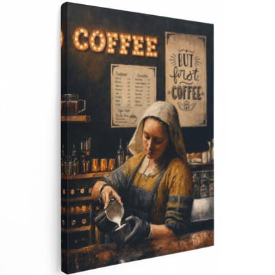 Artaza Canvas Schilderij Melkmeisje In Koffiebarsfeer - Vintage Kunst - 60x80 cm - Wanddecoratie Woonkamer - Schilderijen - Muurdecoratie