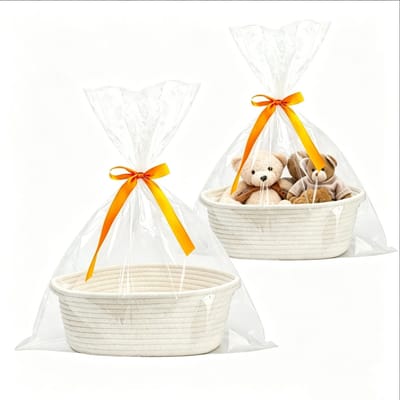 Lege geschenkmand met handvat, 30 x 20 x 12 cm, gevlochten met cadeauzakjes en linten voor elke gelegenheid, ideaal voor feestjes, verjaardagen en babyshowers (wit)