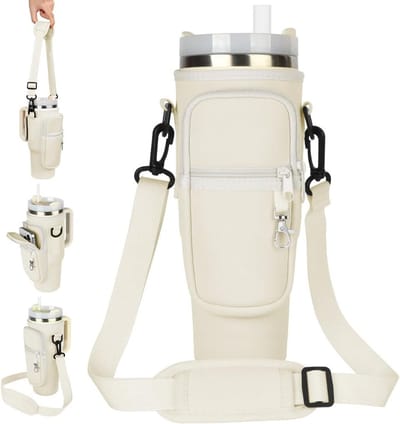Draagbare waterfles tas met verstelbare schouderband en telefoonvak voor outdoor activiteiten, geschikt voor 40oz tumbler, ideaal voor wandelen en kamperen, afmetingen 24.5 x 11 x 7.5cm