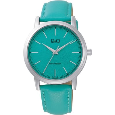 Q&Q Q59B-001PY - Horloge - Polshorloge - Analoog - Heren - Mannen - Leren band - Rond - Metaal - Streepjes - turkoois blauw - Zilverkleurig