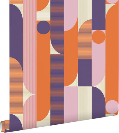 ESTAhome behang geometrische vormen paars, oranje en bruin - 50 x 900 cm - 131061