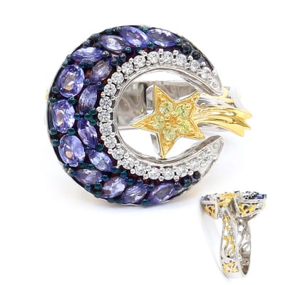 Cavill - 925 Sterling Zilver Ring met 1,48ct Tanzaniet Ovaal & Marquise, 0,15ct Gele Saffier - Palladium Accent - Elegante Avondring - Luxe Sieraden