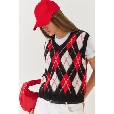 V-hals Geribbelde Brei Sweater Vest met Baklava Patroon